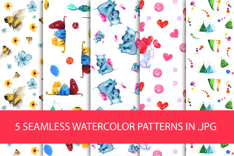 seamless-watercolor-patterns-with-funny-characters