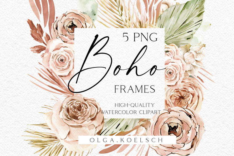 watercolor-boho-floral-frame-dried-flower-logo-png-tropical-watercolor-clipart-with-dried-palm-leaves-for-wedding-invitation-baby-shower