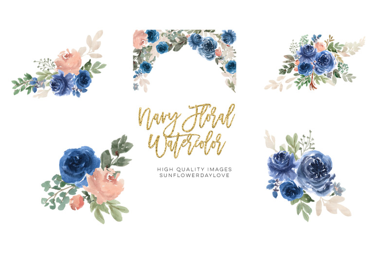 blue-navy-flowers-watercolor-clipart-flower-clipart-wedding-bouquet