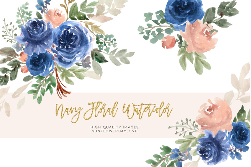 blue-navy-flowers-watercolor-clipart-flower-clipart-wedding-bouquet