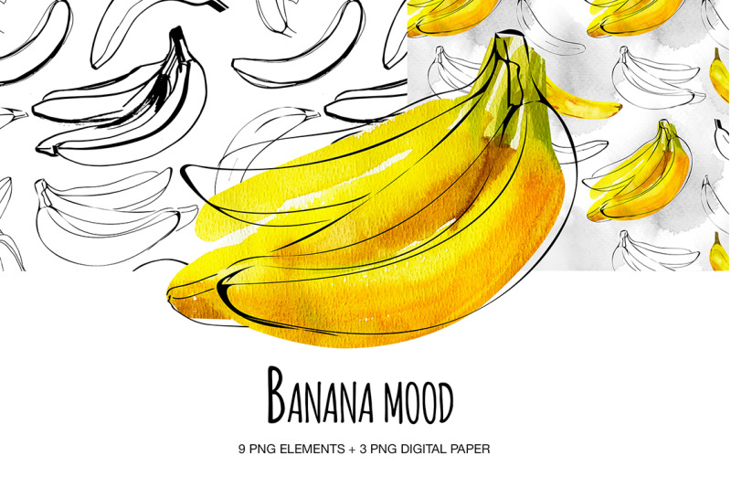banana-set-digital-clipart-watecolor-and-ink