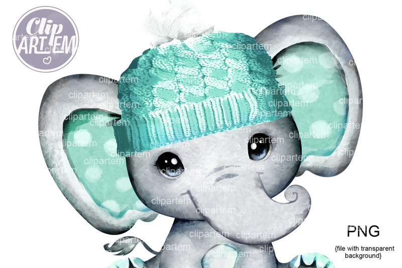 mint-aqua-elephant-in-winter-hat-unisex-boy-or-girl-elephant-png
