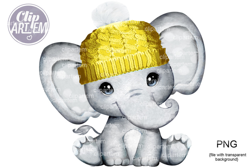 cute-gender-neutral-baby-elephant-in-hat-watercolor-png-clip-art