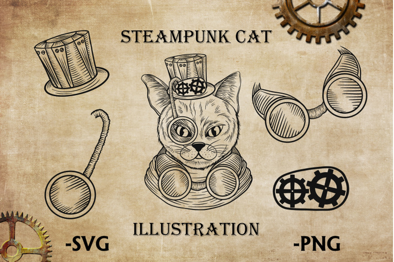 steampunk-cat-clipart-100-hand-drawn-illustration