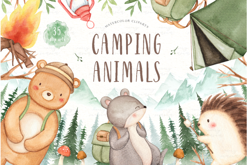 camping-animals-watercolor-clip-arts