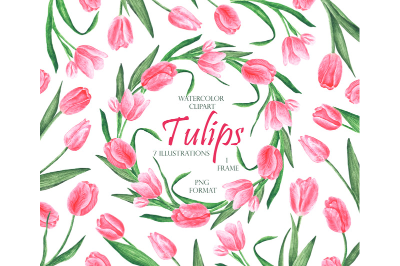 pink-tulips-watercolor-clipart-watercolor-tulips-wreath-tulips-frame