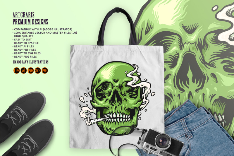 smoking-weed-green-skull-hand-drawn-illustrations