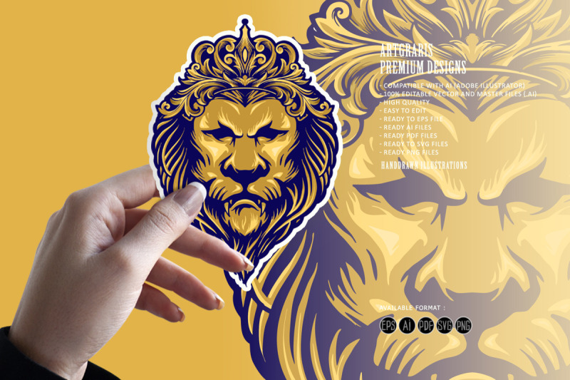 vintage-gold-lion-king-with-ornament-crown-svg-illustrations