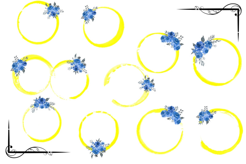 yellow-watercolor-circle-frames-with-blue-flowers