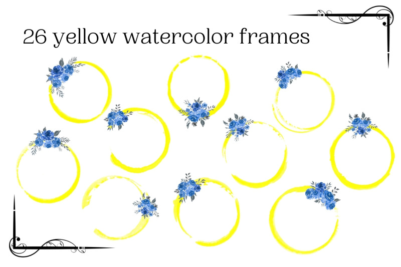 yellow-watercolor-circle-frames-with-blue-flowers