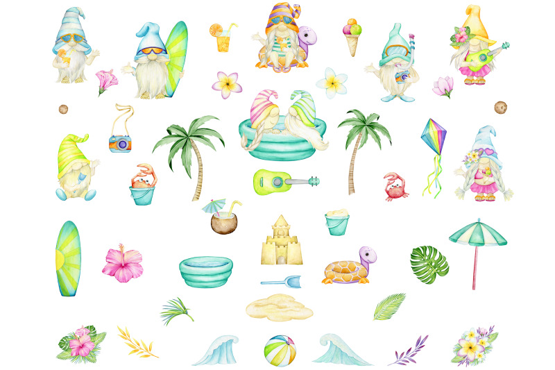 gnomes-watercolor-clipart-beach-summer-set-pool-party-hawaiian-de