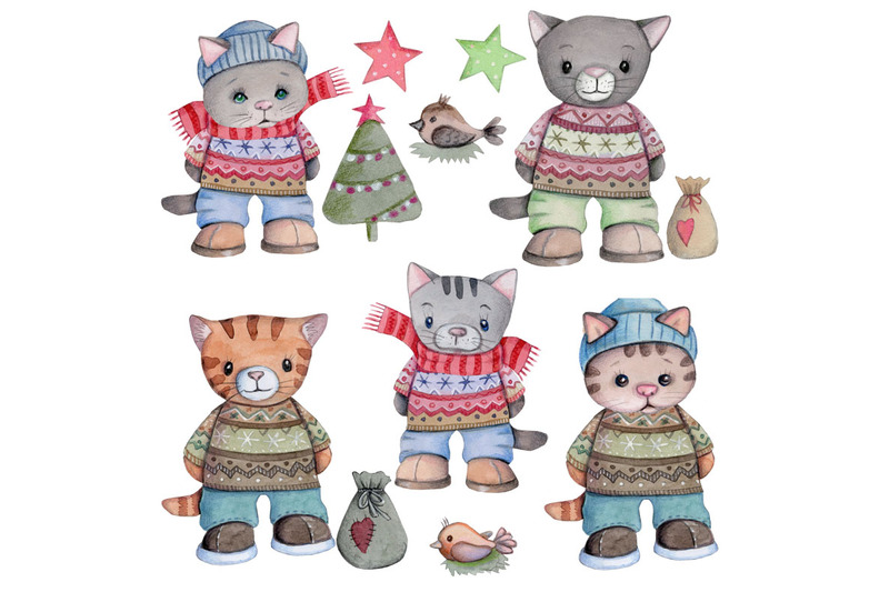 set-of-winter-cats-watercolor-illustrations