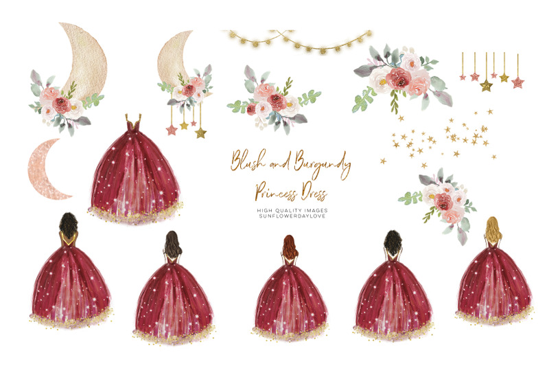 burgundy-princess-dress-clipart-burgundy-watercolor-clipart