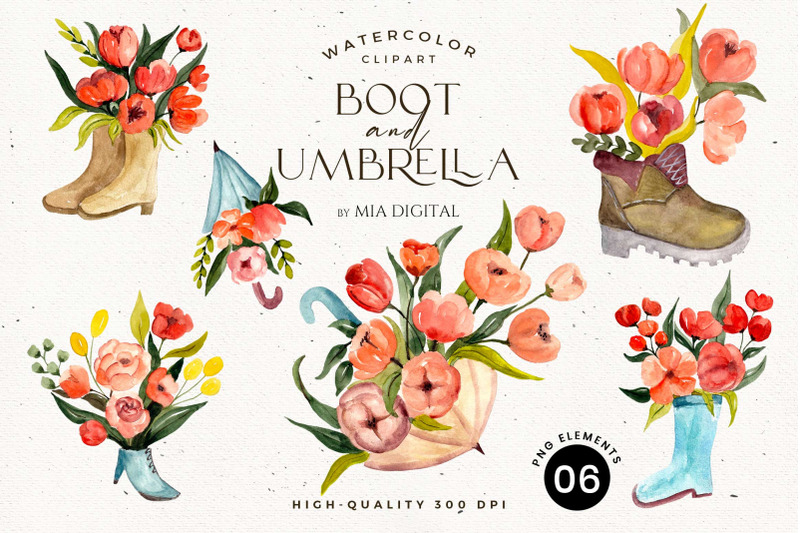 boots-and-umbrella-with-flowers-watercolor-wedding-floral-png-download