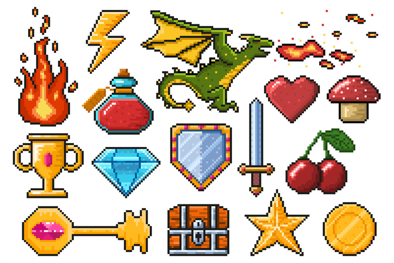 pixel-game-elements-games-ui-magic-items-fire-trophy-coin-dragon