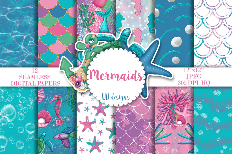 mermaids-digital-papers-mermaid-seamless-pattern-sea-life-background