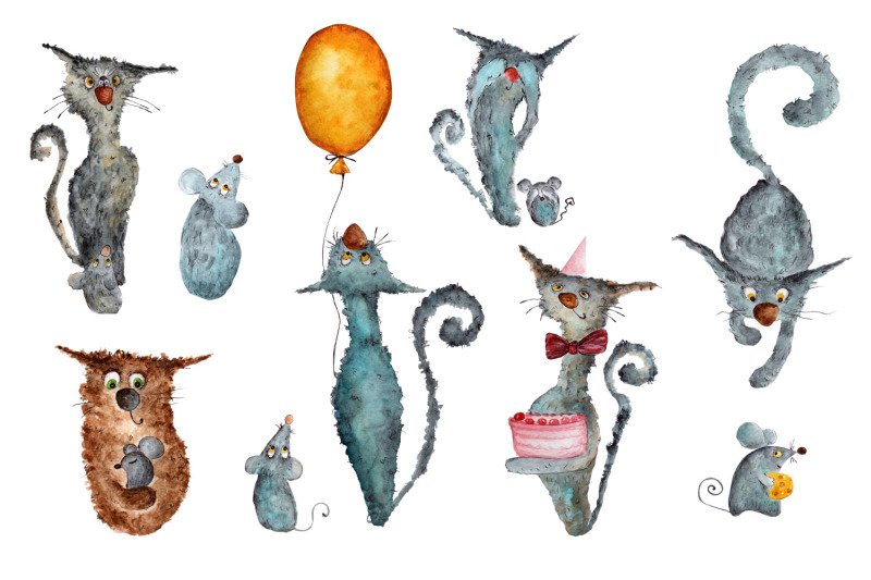 watercolor-drawings-cat-and-mouse