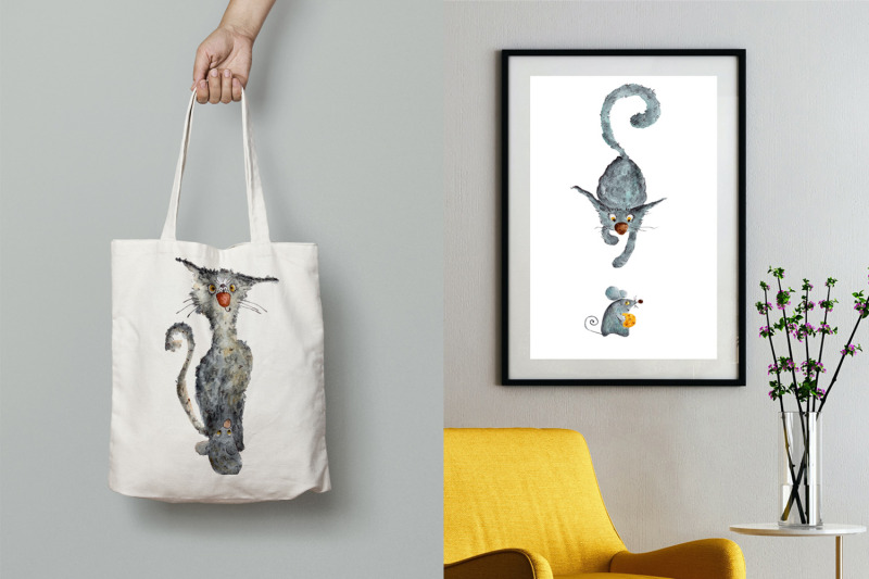 watercolor-drawings-cat-and-mouse