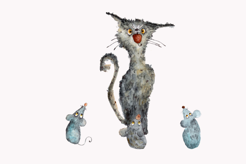 watercolor-drawings-cat-and-mouse