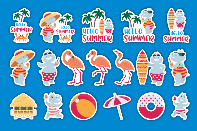 summer-printable-stickers-hippopotamuses-and-flamingo