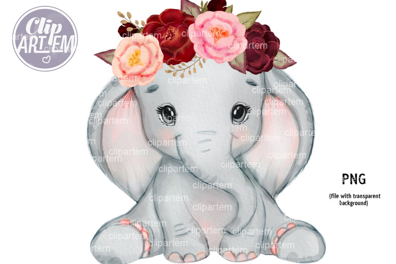 maroon-pink-girl-elephant-rustic-floral-crown-watercolor-clip-art