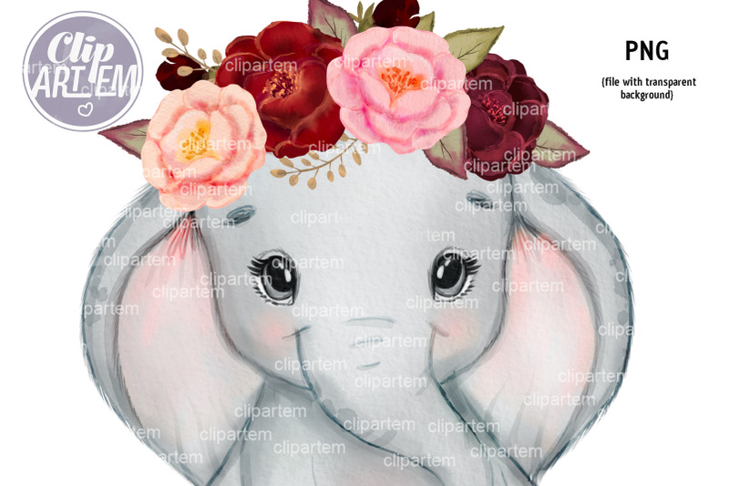 maroon-pink-girl-elephant-rustic-floral-crown-watercolor-clip-art