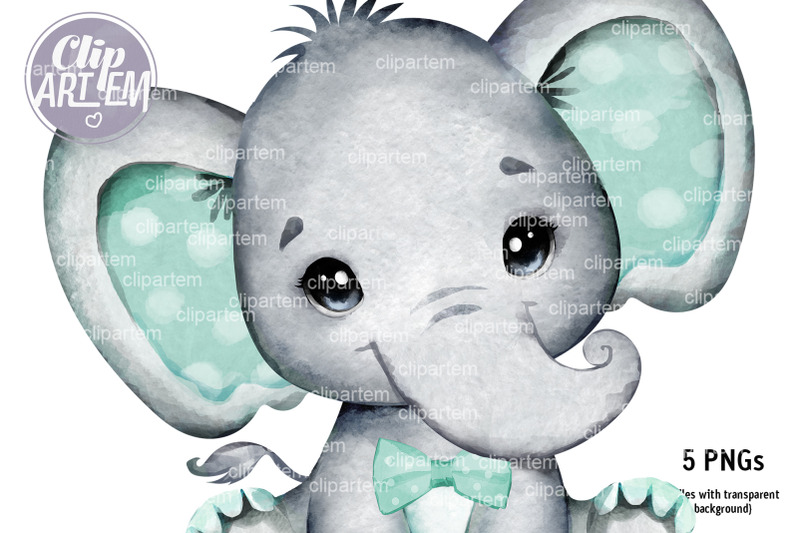 Mint Boy Girl Unisex Elephant with bow tie, PNG clip art set By ...