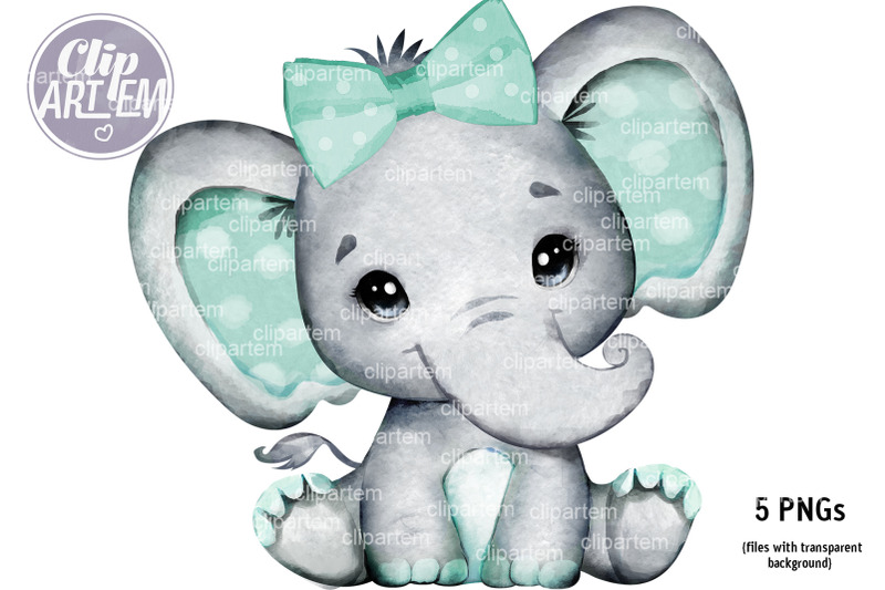 mint-boy-girl-unisex-elephant-with-bow-tie-png-clip-art-set