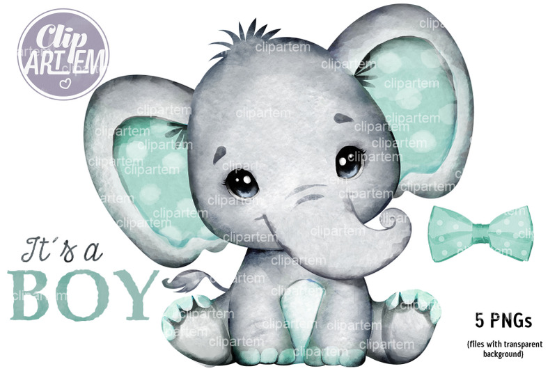 mint-boy-girl-unisex-elephant-with-bow-tie-png-clip-art-set