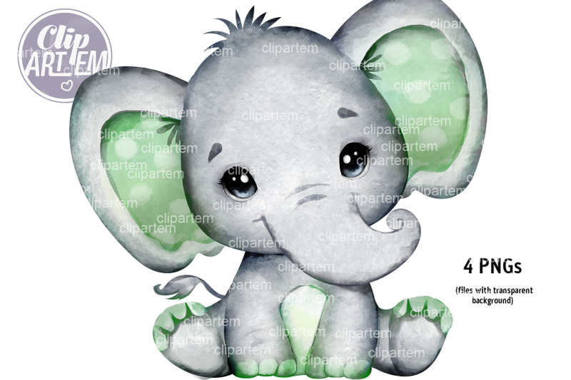 cute-boy-girl-elephant-sage-green-watercolor-png