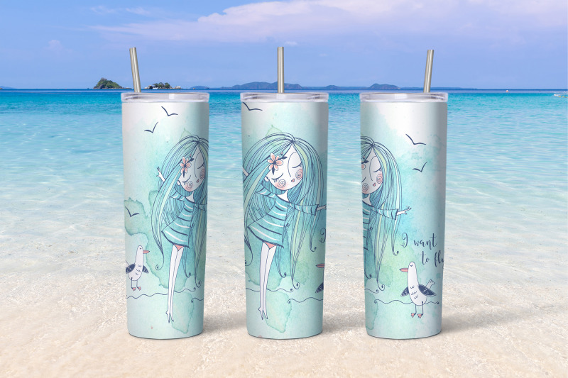 sea-beach-with-cute-girls-tumbler-sublimation-design-png