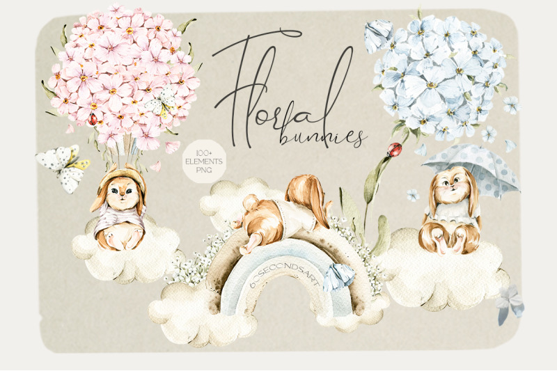 floral-cute-bunnies-watercolor-baby-clipart