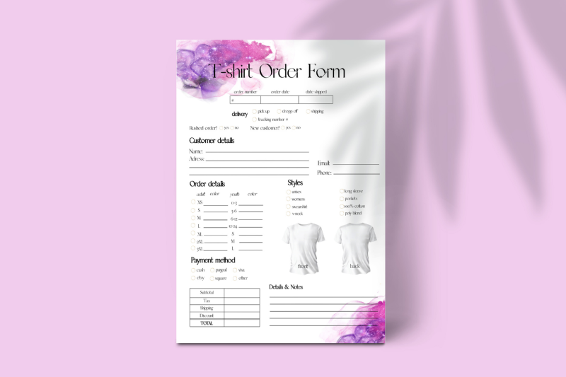 violet-watercolor-t-shirt-order-template