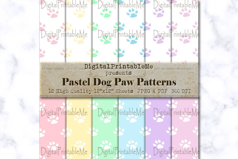 dog-paw-print-mix-pastel-rainbow-white-digital-paper-pack-variety-o