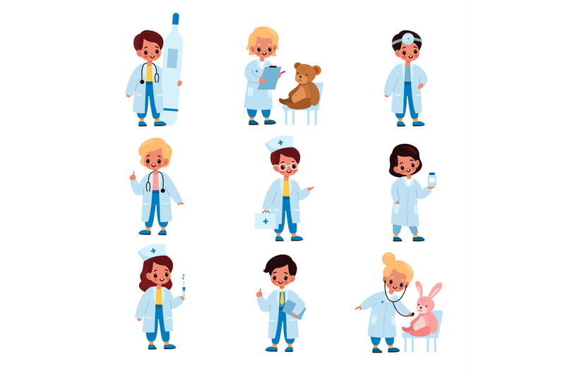 kids-doctors-little-girl-and-boys-in-medical-uniform-hold-thermometer