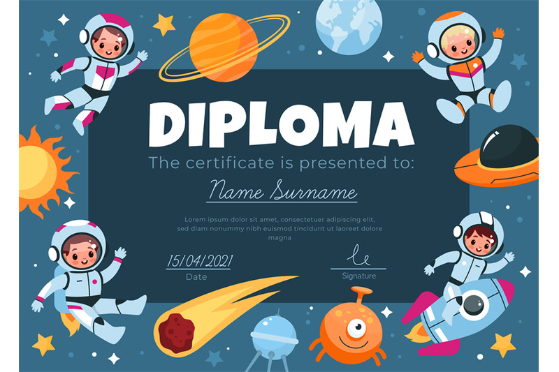 space-diploma-happy-kids-astronauts-fly-around-info-frame-children-sc