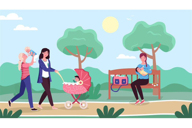 moms-walking-city-park-women-with-newborn-kids-outdoor-happy-young-m