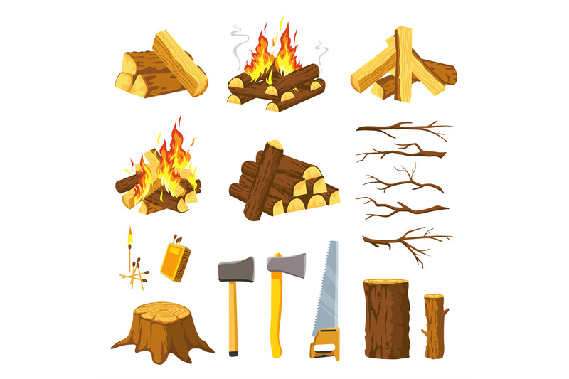 wood-campfire-tree-logs-pile-branches-lumberjack-ax-saw-and-matche