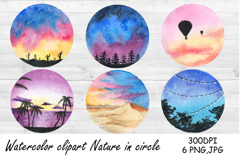 watercolor-clipart-camping-nature-in-circle-landscape-png-sea-beac