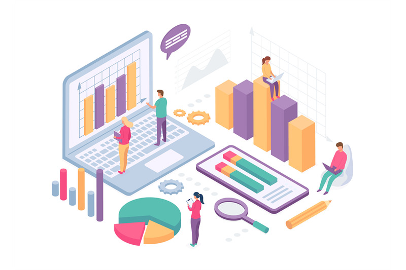 isometric-business-analysis-people-work-with-data-charts-statistics