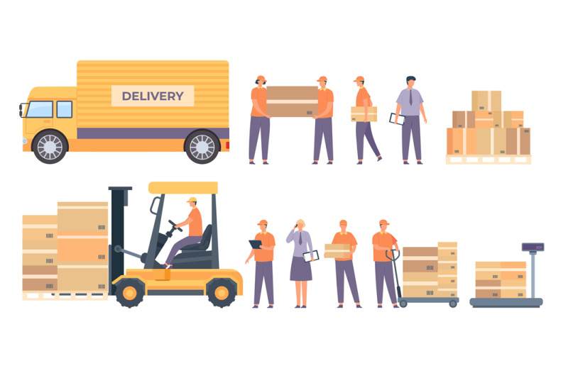 warehouse-workers-and-equipment-flat-delivery-man-with-parcels-truck