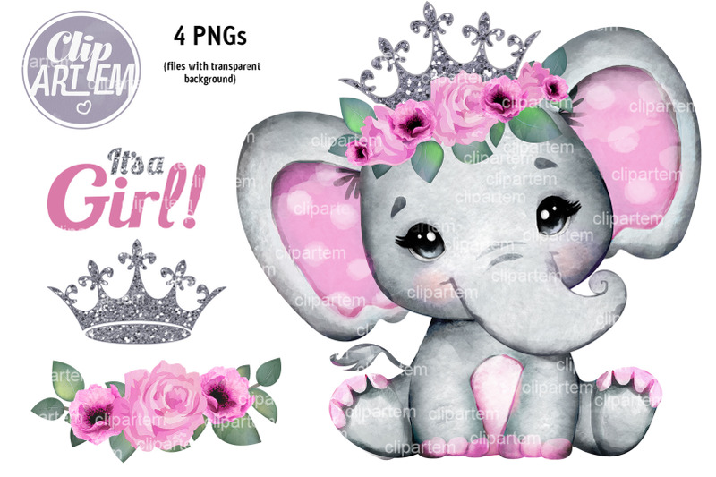 cute-pink-silver-floral-crown-elephant-png-watercolor-images