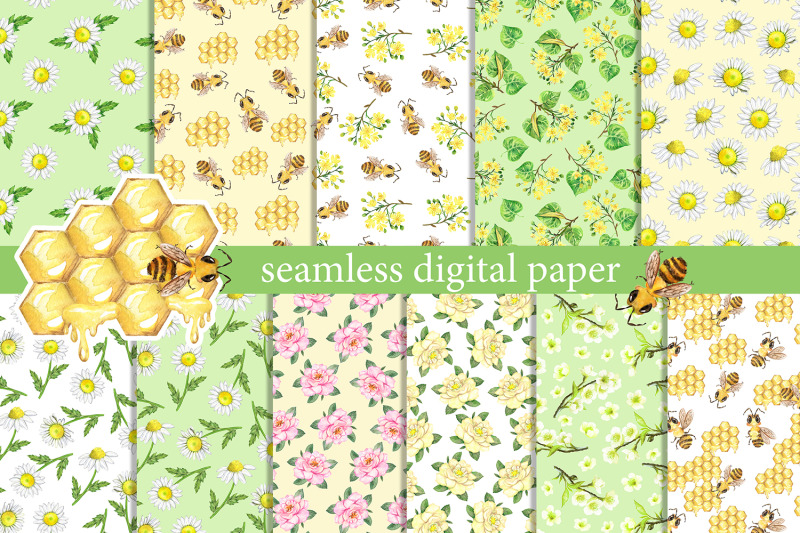 summer-digital-paper-watercolor-summer-flowers-insects-bees-daisie