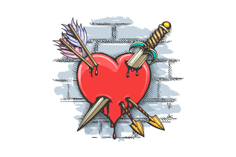 heart-pierced-by-dagger-and-arrows-colorful-tattoo