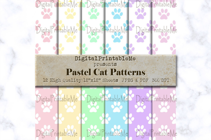 cat-paw-digital-paper-pastel-rainbow-print-mix-white-pack-variety-of-colors-dog-lover-scrapbook-bundle-printable-background-kitten-bean