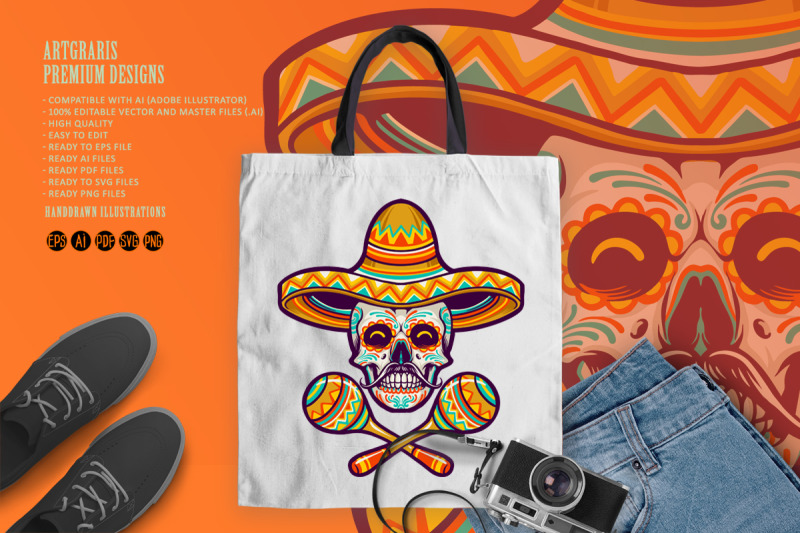 skull-head-sombrero-hat-and-maraca-mexican-svg