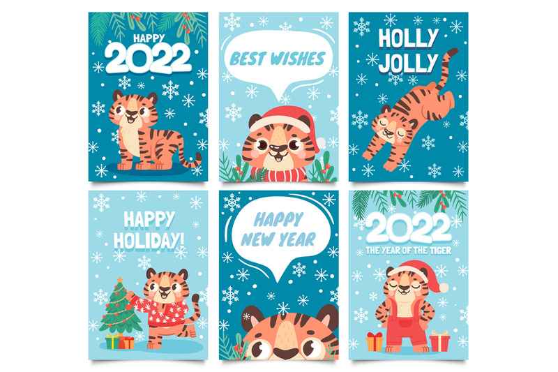 new-year-2022-cards-merry-christmas-poster-with-cartoon-tiger-decorat