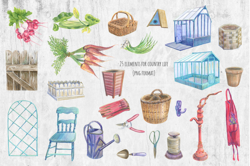 rustic-decor-clipart-greenhouses-vegetables-pots-baskets