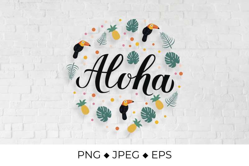 aloha-calligraphy-lettering-with-pineapples-toucans-and-palm-leaves