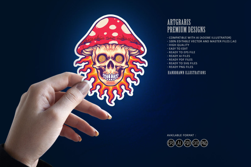 trippy-mushroom-head-skull-on-fire-svg-illustrations